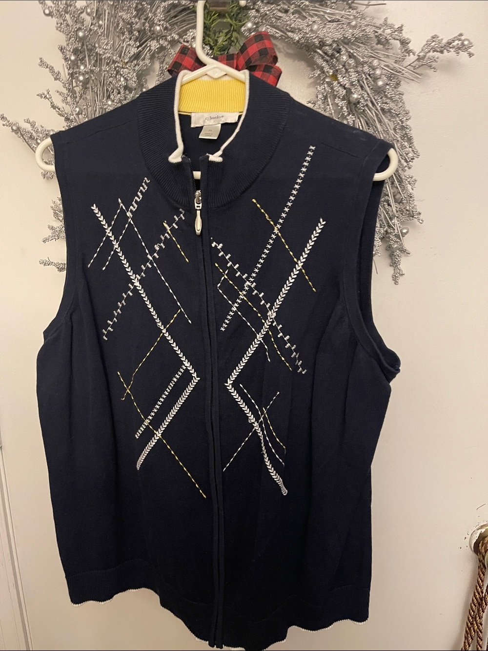 CJ Banks Navy Sleeveless Zip Front Vest with White & Gold Argyle Stitching
